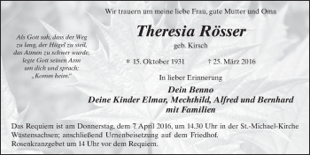 Traueranzeige von Theresia Rösser 