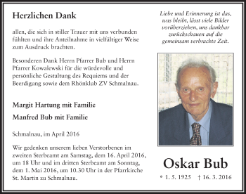 Traueranzeige von Oskar Bub 
