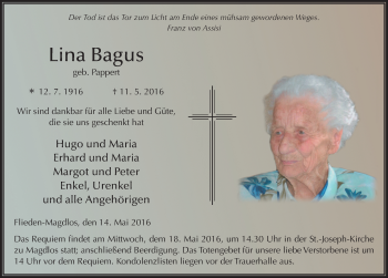 Traueranzeige von Lina Bagus 