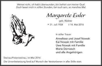Traueranzeige von Margarete Euler 