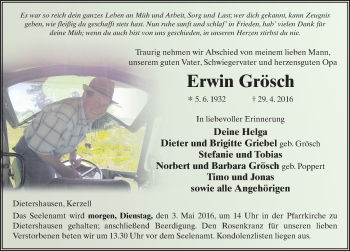 Traueranzeige von Erwin Grösch 