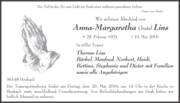 Traueranzeige von Anna-Margaretha Lins 