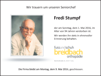 Traueranzeige von Fredi Stumpf 