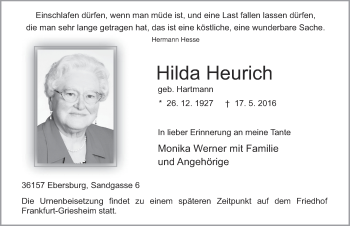 Traueranzeige von Hilda Heurich 