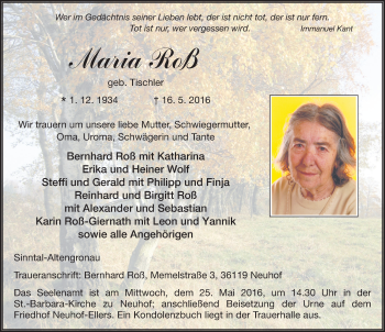 Traueranzeige von Maria Roß 