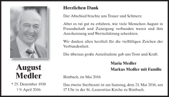 Traueranzeige von August Medler 