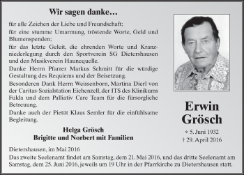 Traueranzeige von Erwin Grösch 