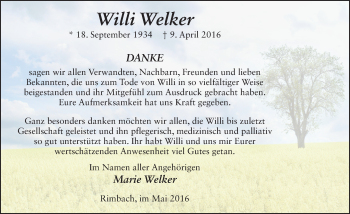 Traueranzeige von Willi Welker 