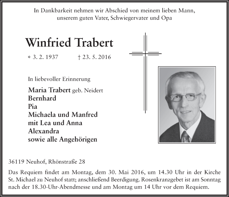  Traueranzeige für Winfried Trabert vom 27.05.2016 aus 