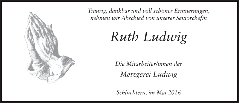  Traueranzeige für Ruth Ludwig vom 04.05.2016 aus 