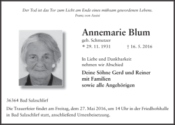 Traueranzeige von Annemarie Blum 