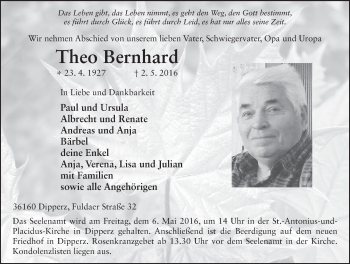Traueranzeige von Theo Bernhard 