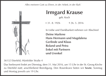 Traueranzeige von Irmgard Krause 