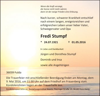 Traueranzeige von Fredi Stumpf 