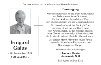 Traueranzeige von Irmgard Galus 