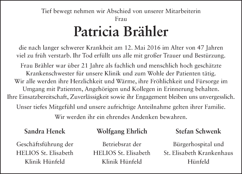  Traueranzeige für Patricia Brähler vom 18.05.2016 aus 