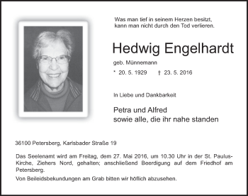 Traueranzeige von Hedwig Engelhardt 
