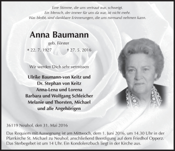 Traueranzeige von Anna Baumann 