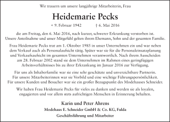 Traueranzeige von Heidemarie Pecks 