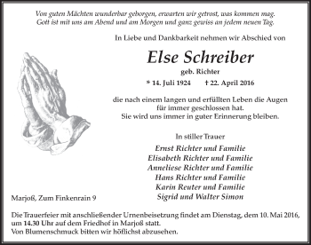 Traueranzeige von Else Schreiber 