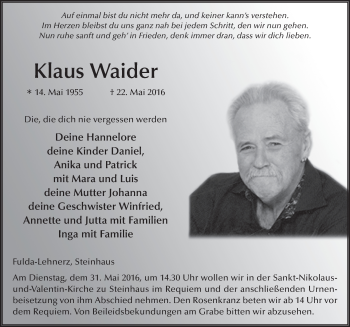 Traueranzeige von Klaus Waider 