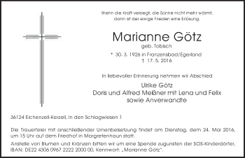 Traueranzeige von Marianne Götz 
