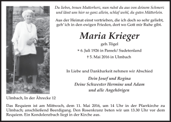 Traueranzeige von Maria Krieger 