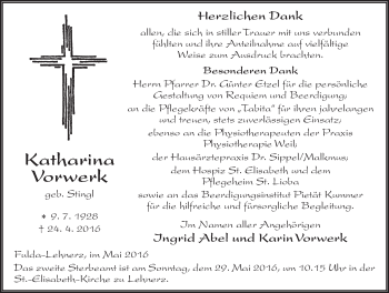 Traueranzeige von Katharina Vorwerk 