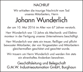 Traueranzeige von Johann Wunderlich 