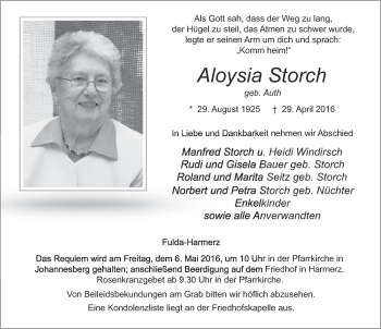Traueranzeige von Aloysia Storch 