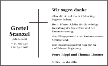 Traueranzeige von Gretel Stanzel 