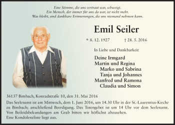 Traueranzeige von Emil Seiler 