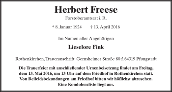 Traueranzeige von Herbert Freese 