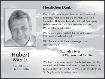 Traueranzeige von Hubert Mertz 