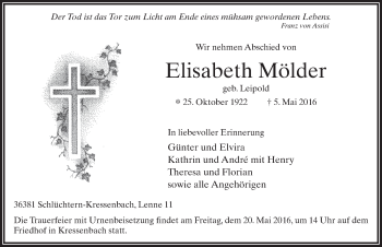 Traueranzeige von Elisabeth Mölder 