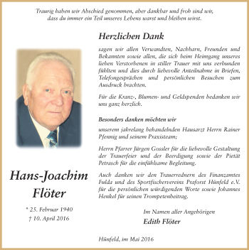 Traueranzeige von Hans-Joachim Flöter 