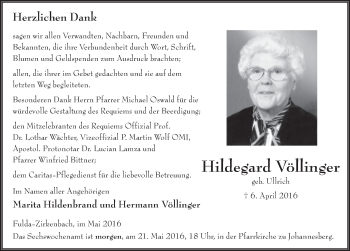 Traueranzeige von Hildegard Völlinger 
