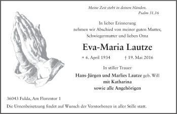 Traueranzeige von Eva-Maria Lautze 