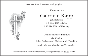 Traueranzeige von Gabriele Kapp 