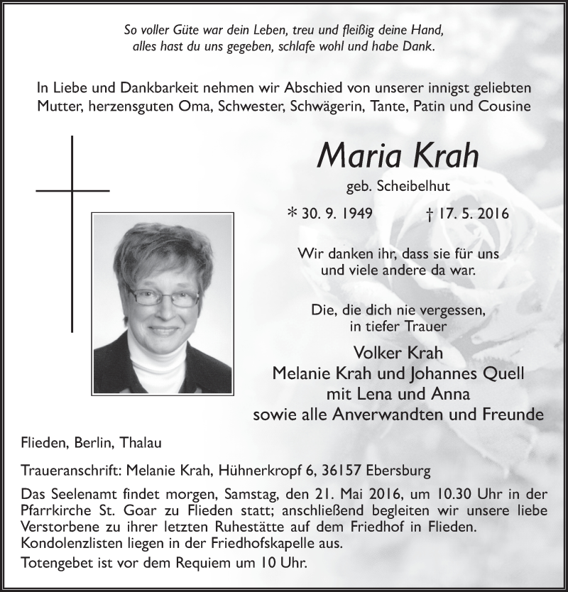  Traueranzeige für Maria Krah vom 20.05.2016 aus 