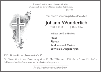 Traueranzeige von Johann Wunderlich 