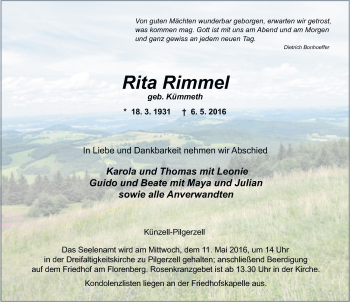 Traueranzeige von Rita Rimmel 