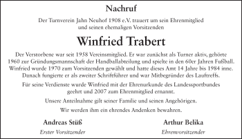 Traueranzeige von Winfried Trabert 