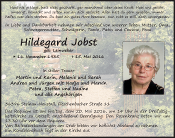 Traueranzeige von Hildegard Jobst 