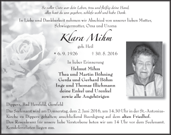 Traueranzeige von Klara Mihm 