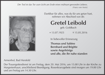 Traueranzeige von Gretel Leibold 