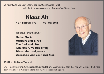 Traueranzeige von Klaus Alt 