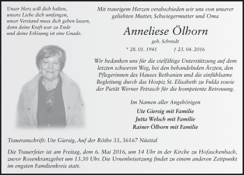 Traueranzeige von Anneliese Ölhorn 
