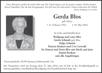 Traueranzeige von Gerda Blos 