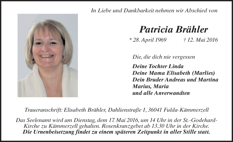  Traueranzeige für Patricia Brähler vom 14.05.2016 aus 